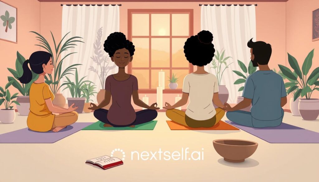 A serene indoor scene depicting a cozy meditation space for self-awareness practices. In the foreground, a diverse group of three individuals, one woman and two men, sit in a circle on yoga mats, dressed in modest casual clothing. They are engaged in a guided meditation, exuding tranquility and focus. In the middle ground, a softly lit space filled with indoor plants and calming candles enhances the ambiance. A window in the background allows gentle natural light to filter through, creating a warm glow. Subtle details like a journal and a crystal bowl for sound therapy lie nearby. The overall mood is peaceful and introspective, conveying the importance of self-awareness for personal growth. The brand logo “nextself.ai” is subtly integrated into the scene without distracting from the visualization.